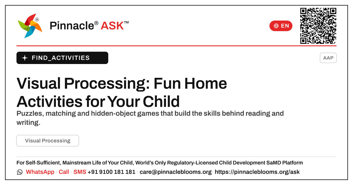 How can I work on Visual Processing with my child at home? — Pinnacle Ask answer card with a short explanation and QR link