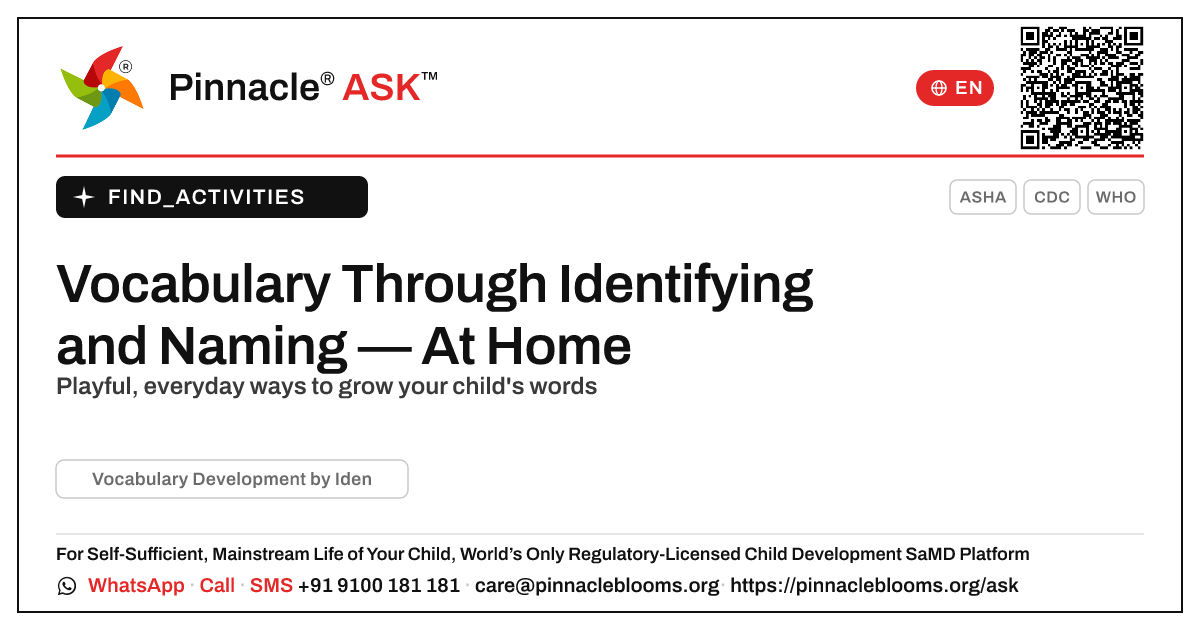 How to Build Vocabulary by Identifying and Naming at Home — Pinnacle Ask answer card with a short explanation and QR link