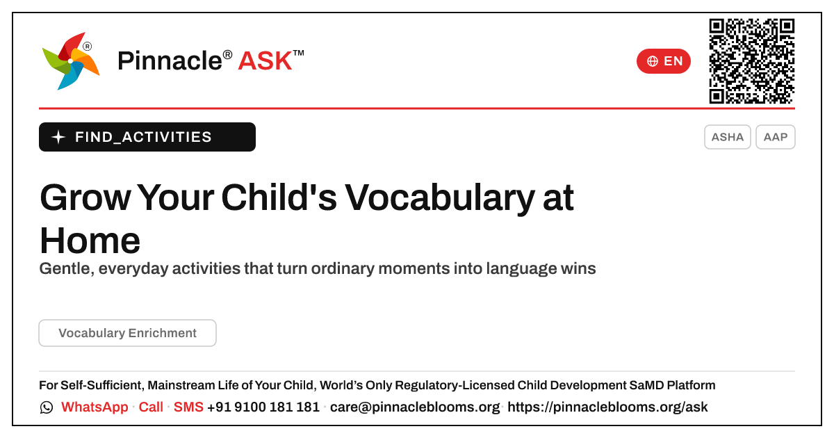 Vocabulary Enrichment at Home — Pinnacle Ask answer card with a short explanation and QR link