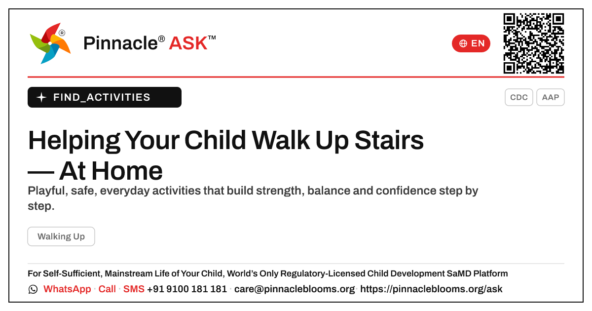 How to Practise Walking Up Stairs With Your Child at Home — Pinnacle Ask answer card with a short explanation and QR link
