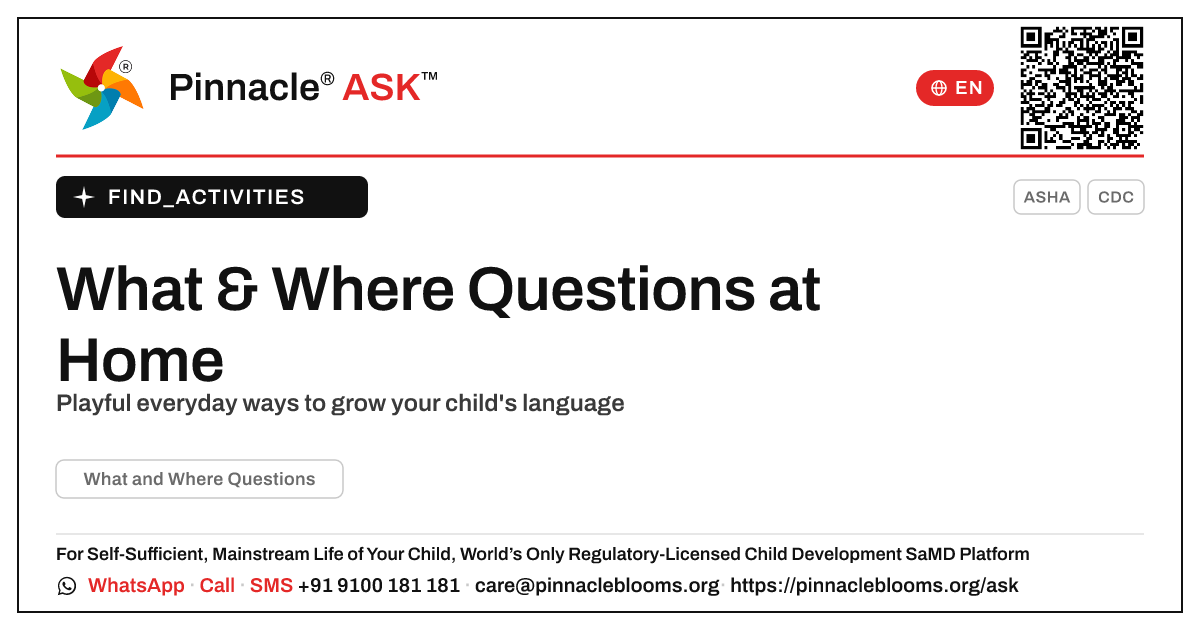 How to Work on What & Where Questions at Home — Pinnacle Ask answer card with a short explanation and QR link