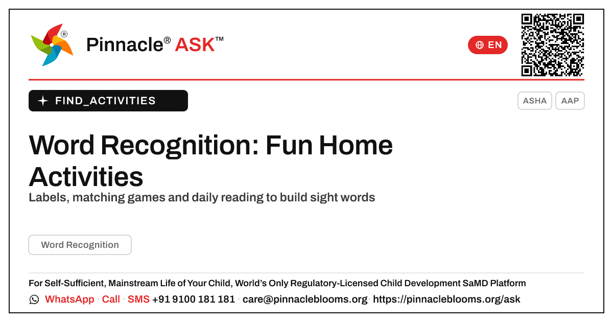 How to Work on Word Recognition at Home — Pinnacle Ask answer card with a short explanation and QR link