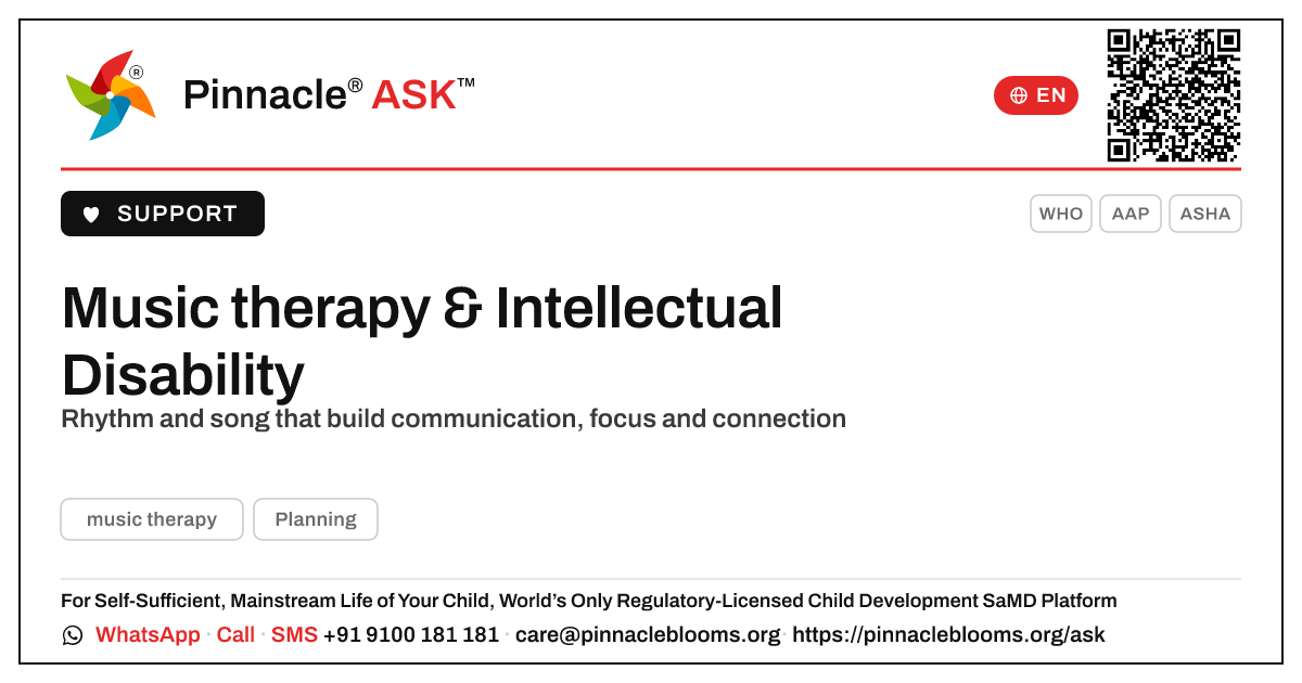 How can music therapy help a child with Intellectual Disability? — Pinnacle Ask answer card with a short explanation and QR link