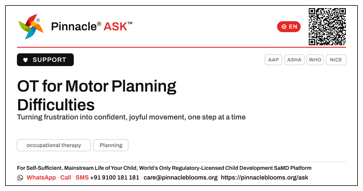 How occupational therapy helps with motor planning difficulties — Pinnacle Ask answer card with a short explanation and QR link