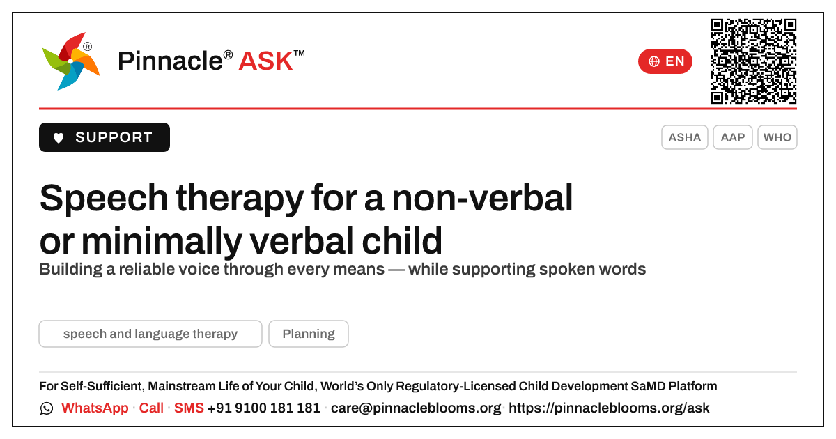 How can speech and language therapy help a non-verbal or minimally verbal child? — Pinnacle Ask answer card with a short explanation and QR link