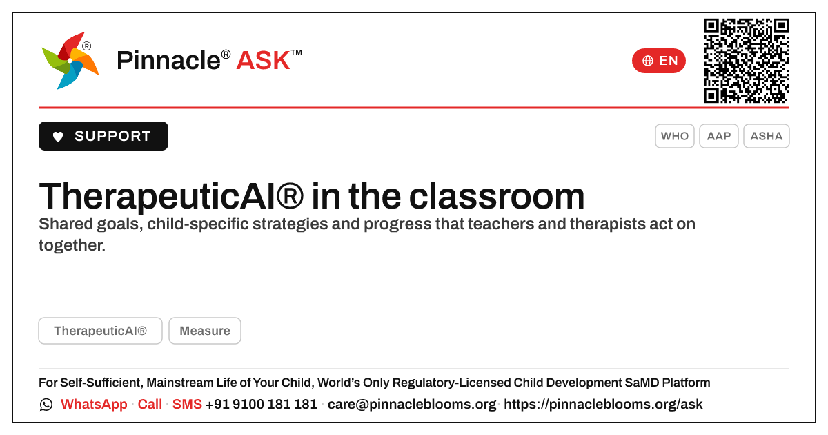 How TherapeuticAI® supports a child in the classroom — Pinnacle Ask answer card with a short explanation and QR link
