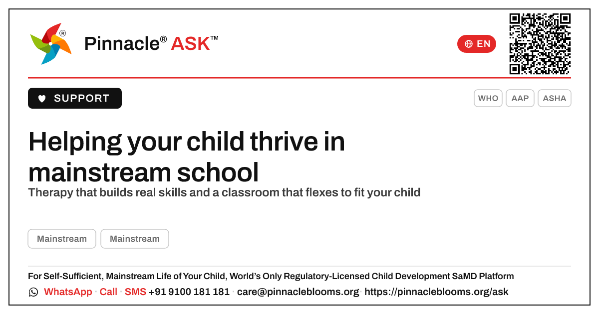 How can therapy help my child thrive in a mainstream school? — Pinnacle Ask answer card with a short explanation and QR link