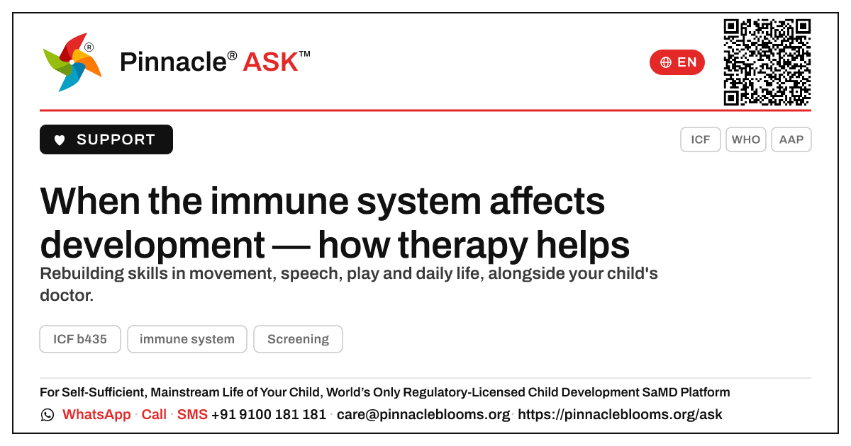 How can therapy help when the immune system affects a child's development? — Pinnacle Ask answer card with a short explanation and QR link
