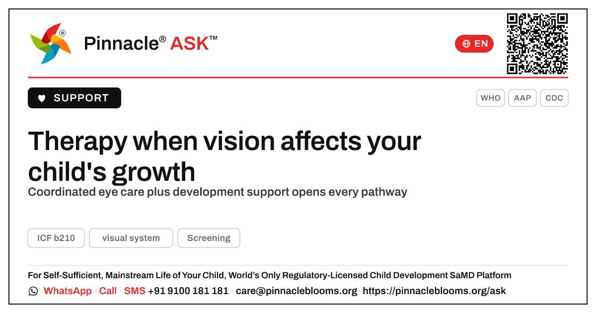 How can therapy help when the visual system affects a child's development? — Pinnacle Ask answer card with a short explanation and QR link