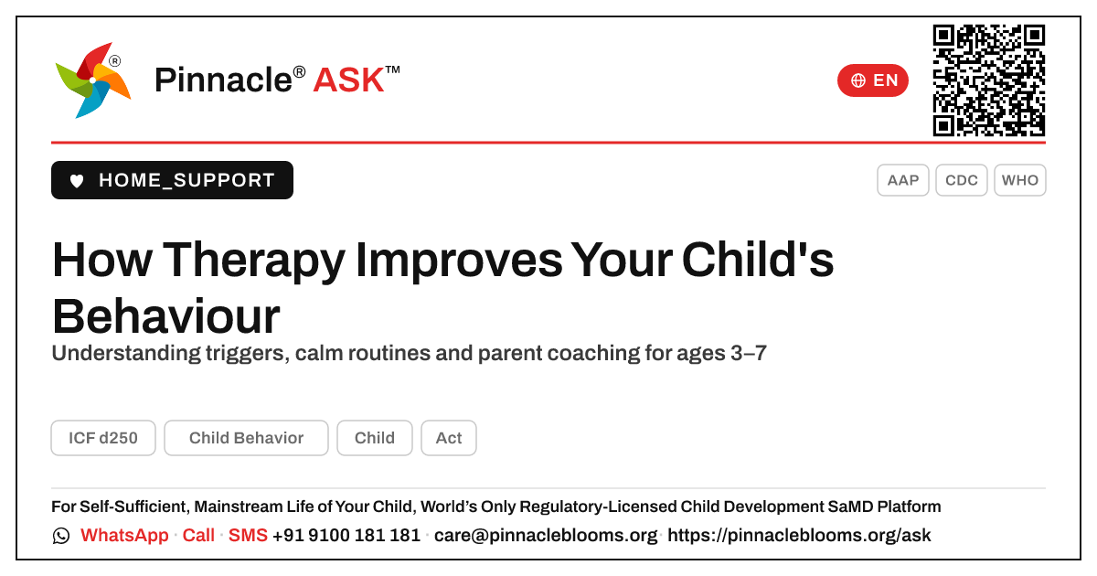 How Therapy Improves Your Child's Behaviour — Pinnacle Ask answer card with a short explanation and QR link