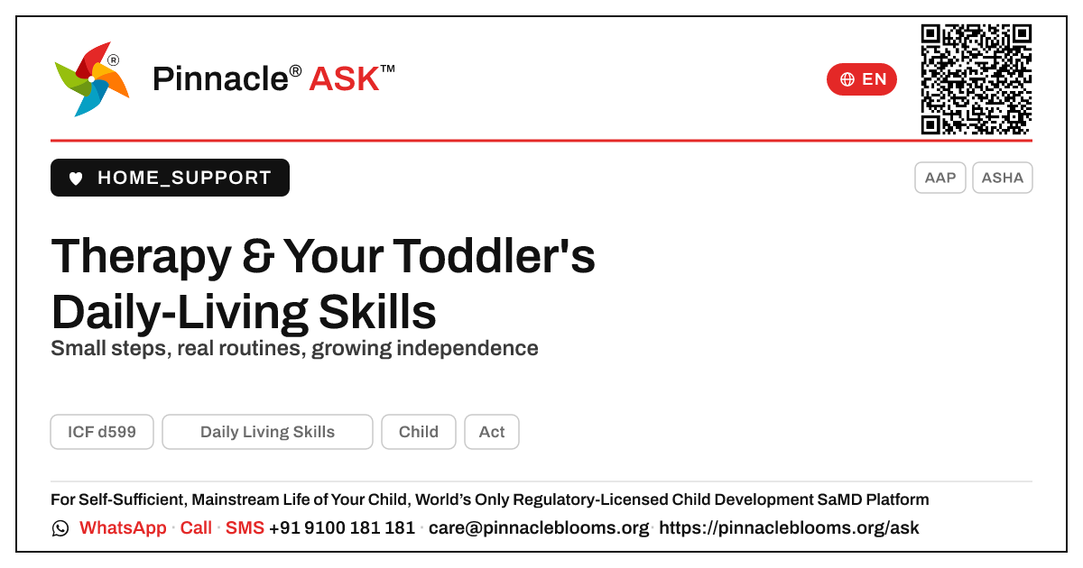 How Therapy Improves Your Toddler's Daily-Living Skills — Pinnacle Ask answer card with a short explanation and QR link