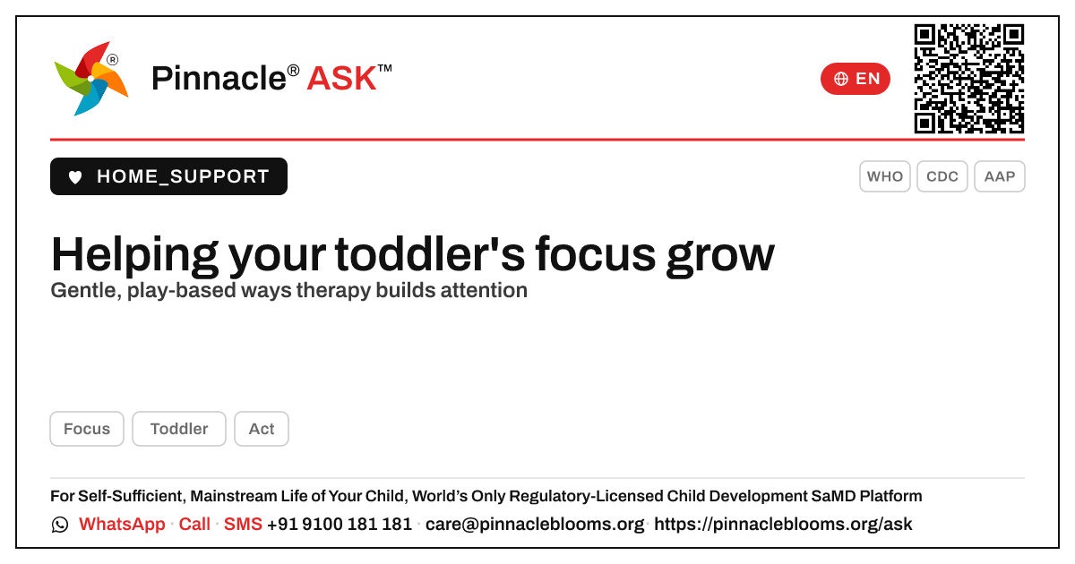 How can therapy improve my child's Focus? — Pinnacle Ask answer card with a short explanation and QR link