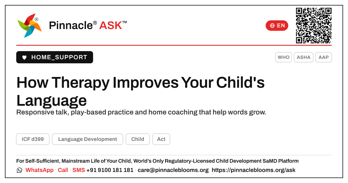 How Therapy Improves Your Child's Language Development — Pinnacle Ask answer card with a short explanation and QR link