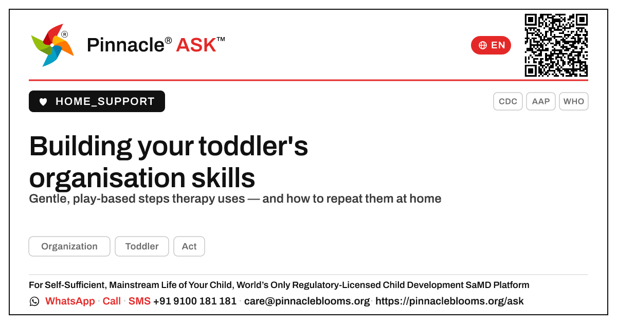 How can therapy improve my child's Organization? — Pinnacle Ask answer card with a short explanation and QR link