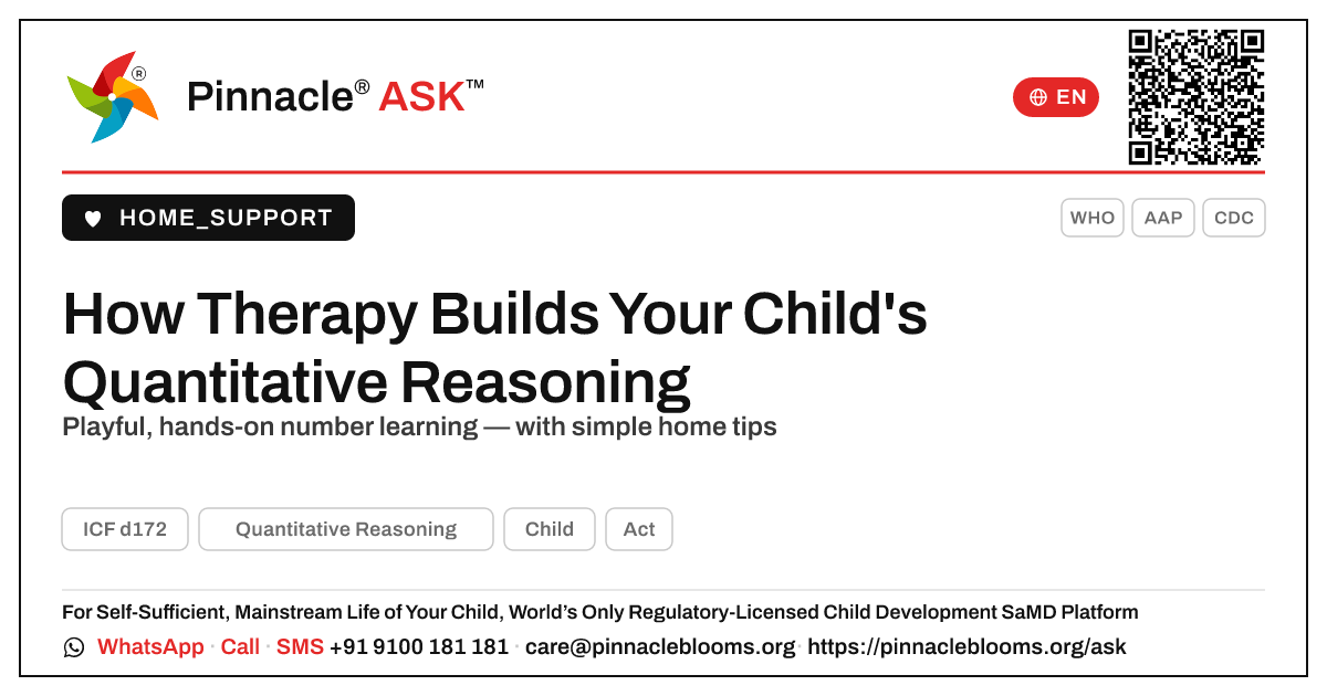 How Therapy Improves Your Child's Quantitative Reasoning — Pinnacle Ask answer card with a short explanation and QR link