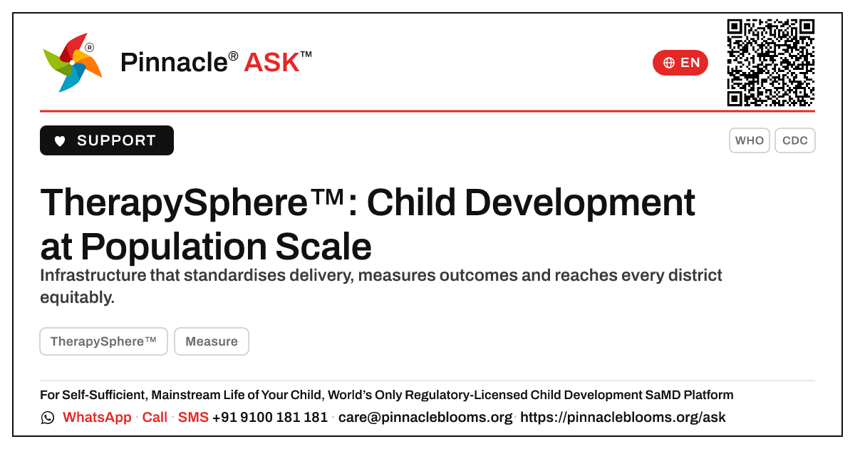 How TherapySphere™ supports child development at population scale — Pinnacle Ask answer card with a short explanation and QR link