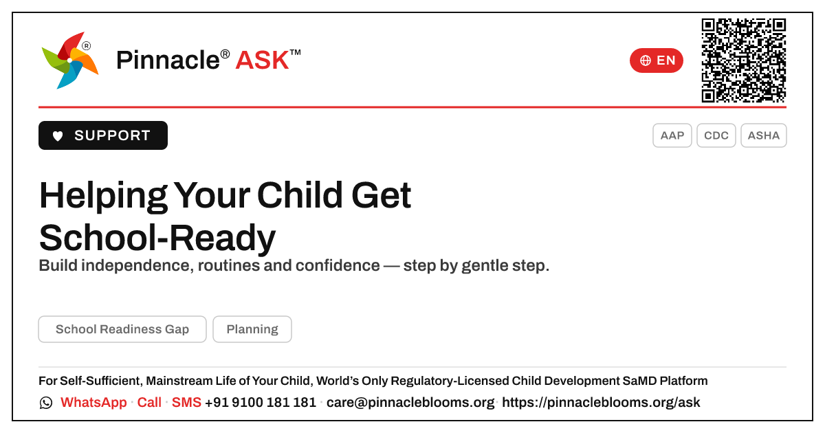 Supporting Adaptive Development with a School Readiness Gap — Pinnacle Ask answer card with a short explanation and QR link