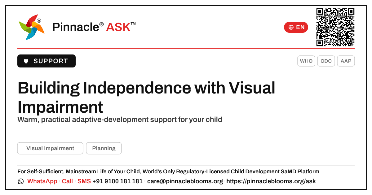 How can we support adaptive development in a child with Visual Impairment? — Pinnacle Ask answer card with a short explanation and QR link