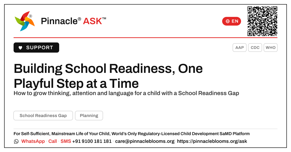 How to Support Cognitive Development with a School Readiness Gap — Pinnacle Ask answer card with a short explanation and QR link