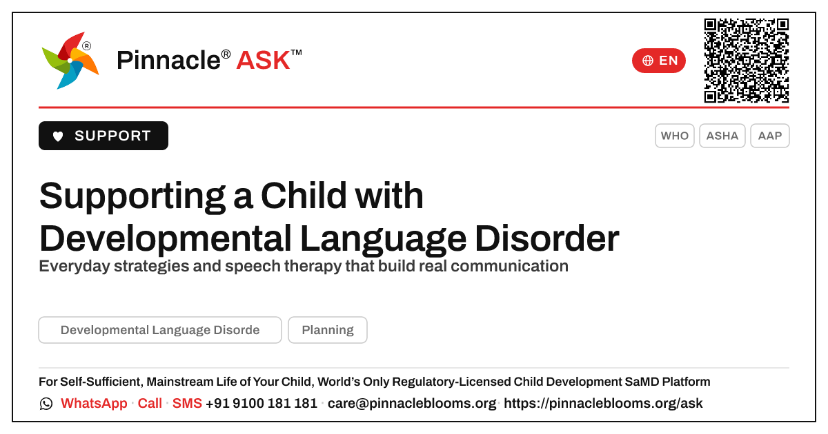 How can we support communication development in a child with Developmental Language Disorder? — Pinnacle Ask answer card with a short explanation and QR link