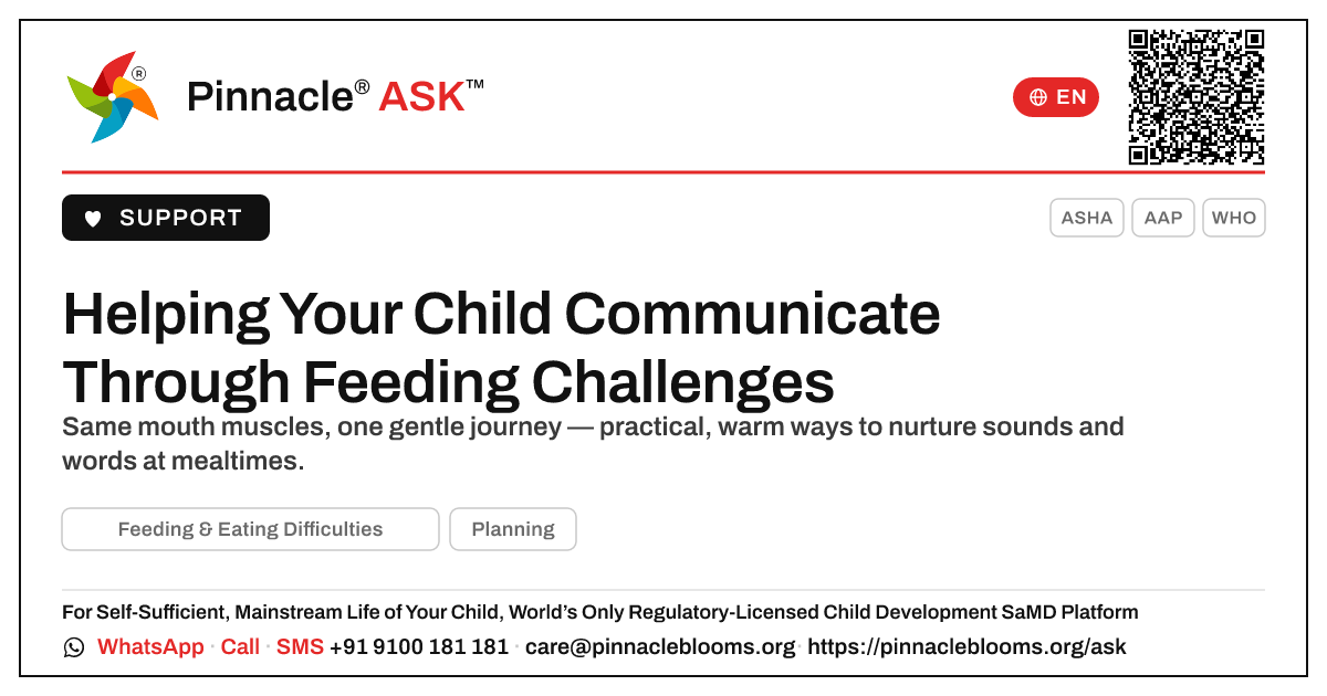 How to Support Communication in a Child with Feeding Difficulties — Pinnacle Ask answer card with a short explanation and QR link