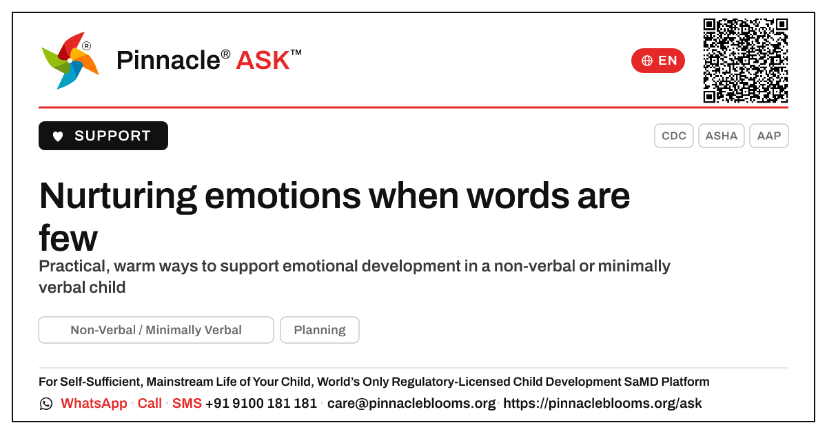 How to support emotional development in a non-verbal or minimally verbal child — Pinnacle Ask answer card with a short explanation and QR link