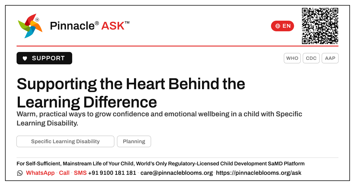 How can we support emotional development in a child with Specific Learning Disability? — Pinnacle Ask answer card with a short explanation and QR link
