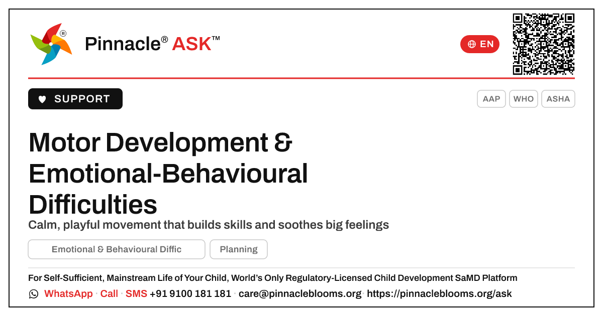 How to Support Motor Development with Emotional & Behavioural Difficulties — Pinnacle Ask answer card with a short explanation and QR link