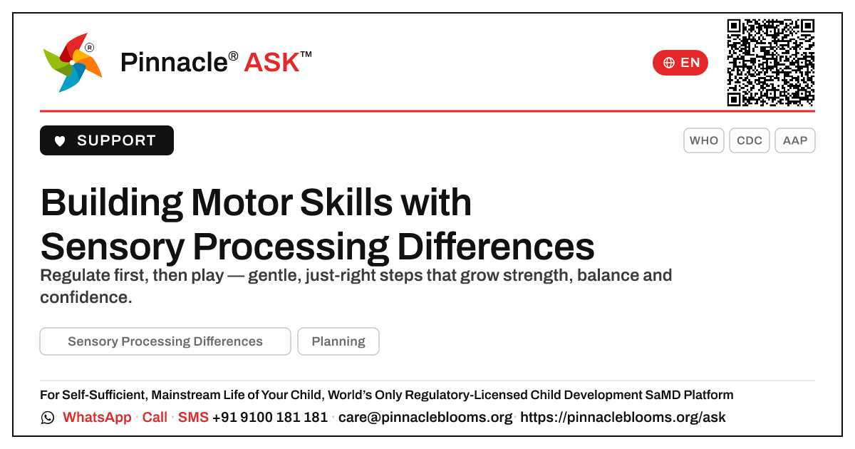 How to Support Motor Development with Sensory Processing Differences — Pinnacle Ask answer card with a short explanation and QR link