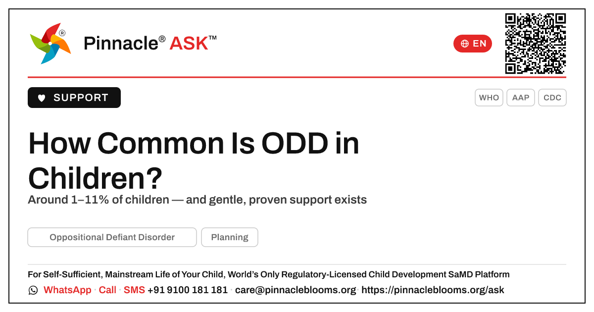How Common Is Oppositional Defiant Disorder in Children? — Pinnacle Ask answer card with a short explanation and QR link
