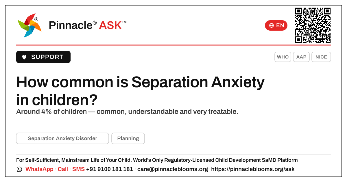 How common is Separation Anxiety Disorder in children? — Pinnacle Ask answer card with a short explanation and QR link