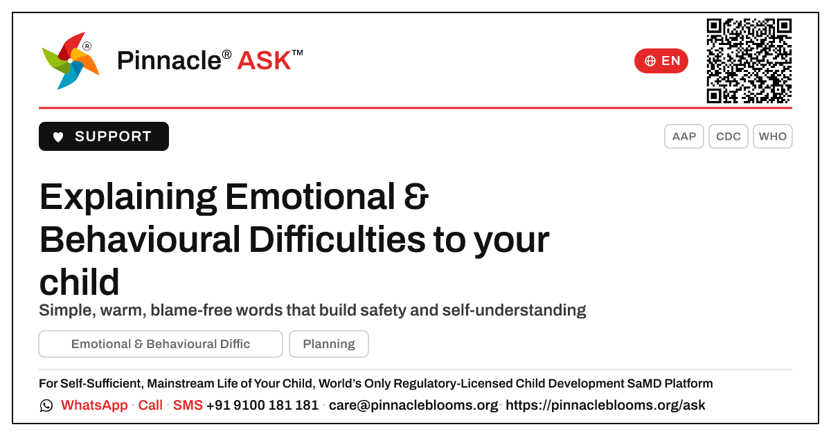 How do I explain Emotional & Behavioural Difficulties to my child? — Pinnacle Ask answer card with a short explanation and QR link