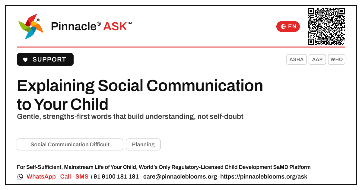 How do I explain Social Communication Difficulties to my child? — Pinnacle Ask answer card with a short explanation and QR link
