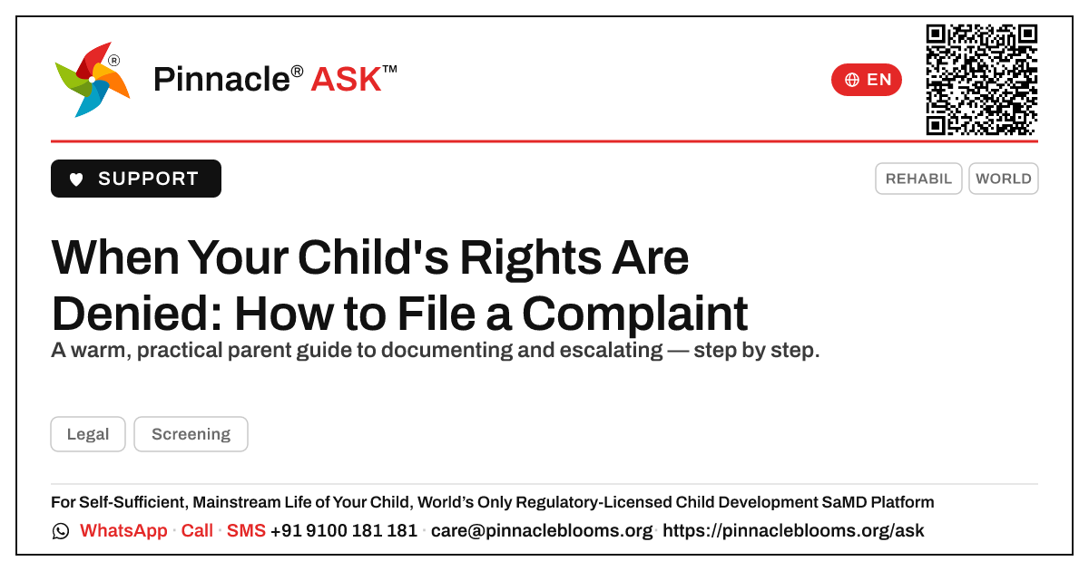 How do I file a complaint if my child's rights are denied? — Pinnacle Ask answer card with a short explanation and QR link