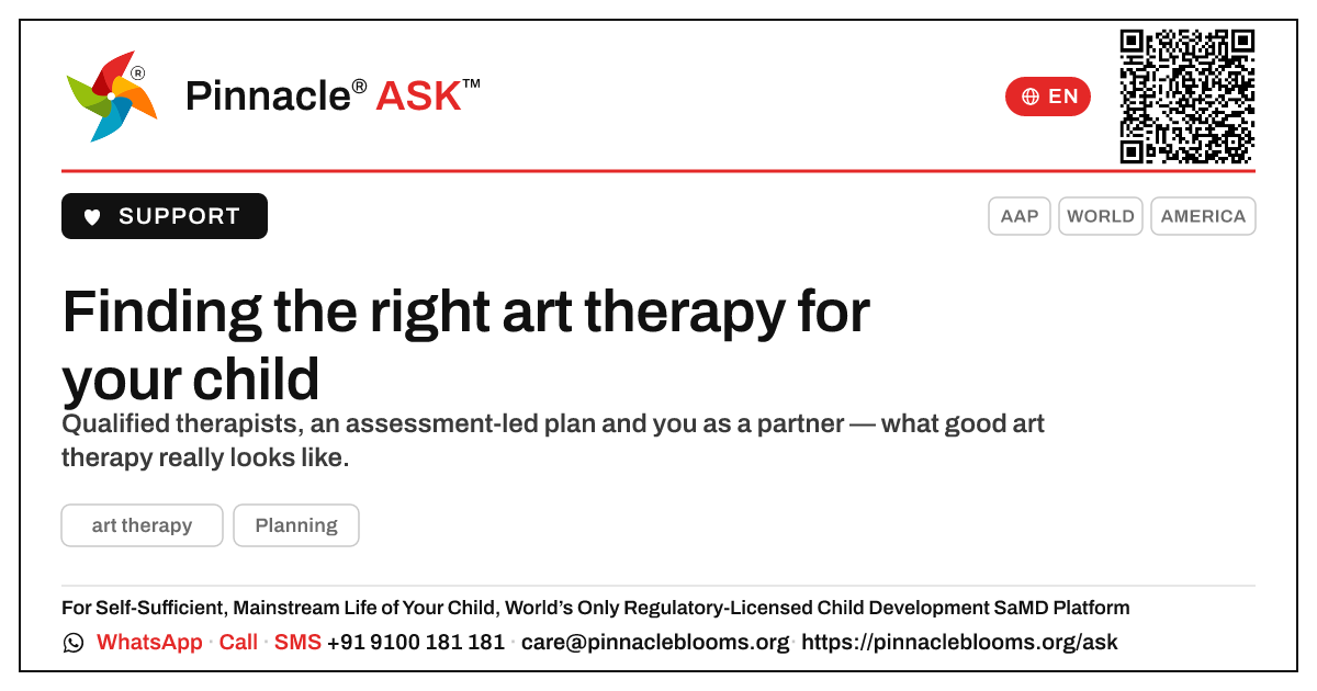How do I find a good provider of art therapy for my child? — Pinnacle Ask answer card with a short explanation and QR link