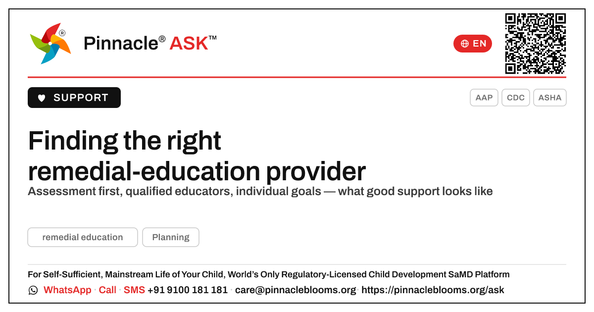 How do I find a good provider of remedial education for my child? — Pinnacle Ask answer card with a short explanation and QR link
