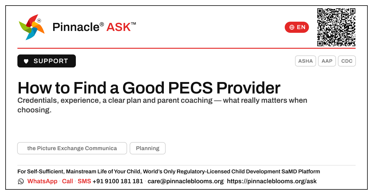How do I find a good provider of PECS for my child? — Pinnacle Ask answer card with a short explanation and QR link