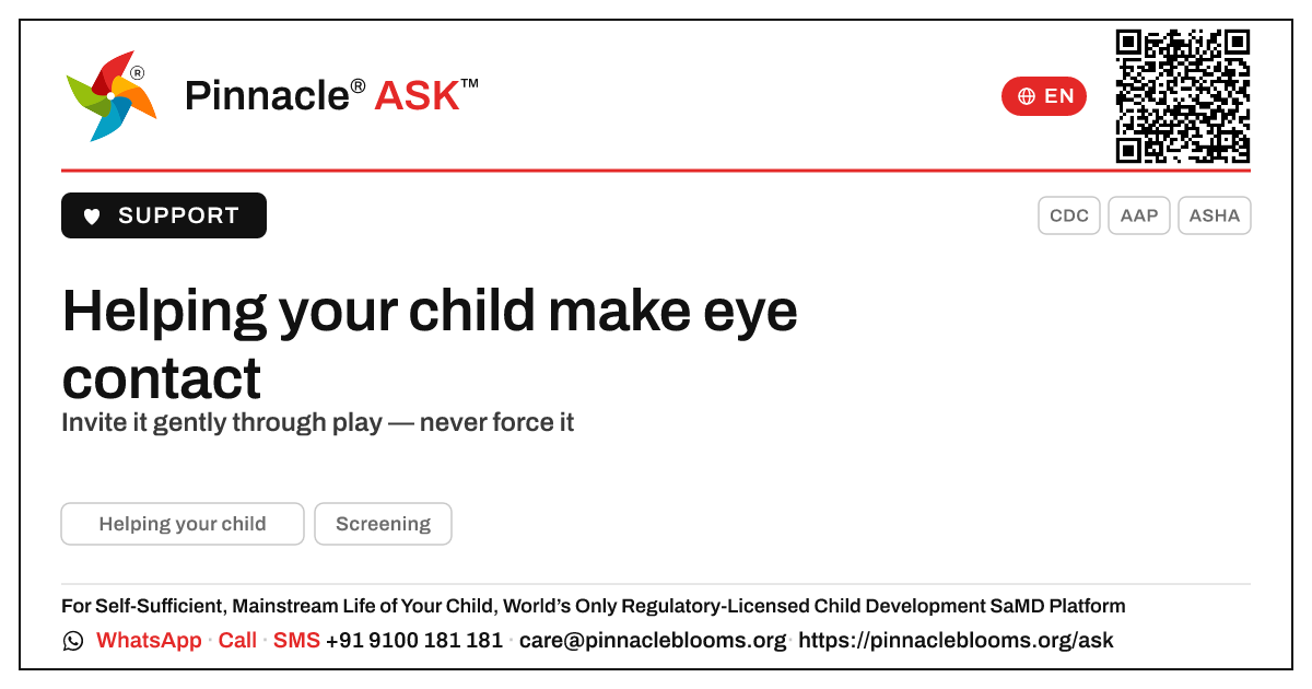How do I get my child to make eye contact? — Pinnacle Ask answer card with a short explanation and QR link
