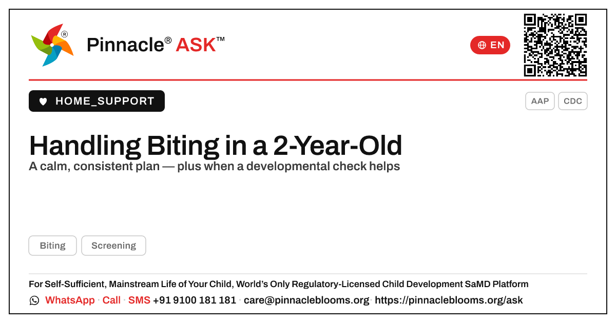 How do I handle biting in a 2-year-old? — Pinnacle Ask answer card with a short explanation and QR link