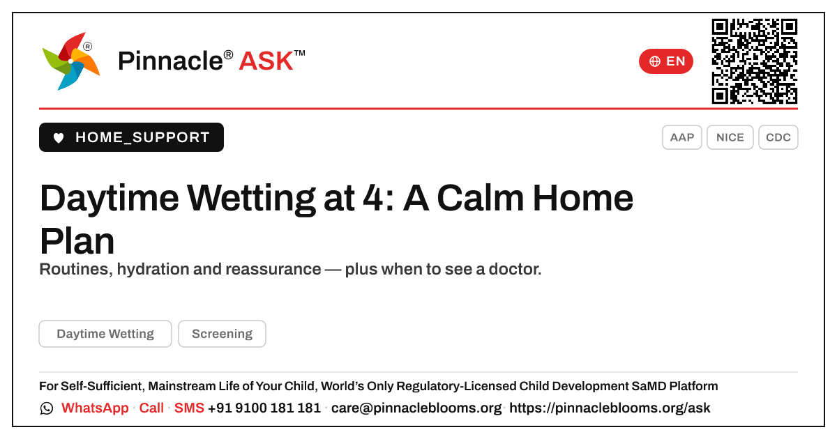 How do I handle daytime wetting in a 4-year-old? — Pinnacle Ask answer card with a short explanation and QR link