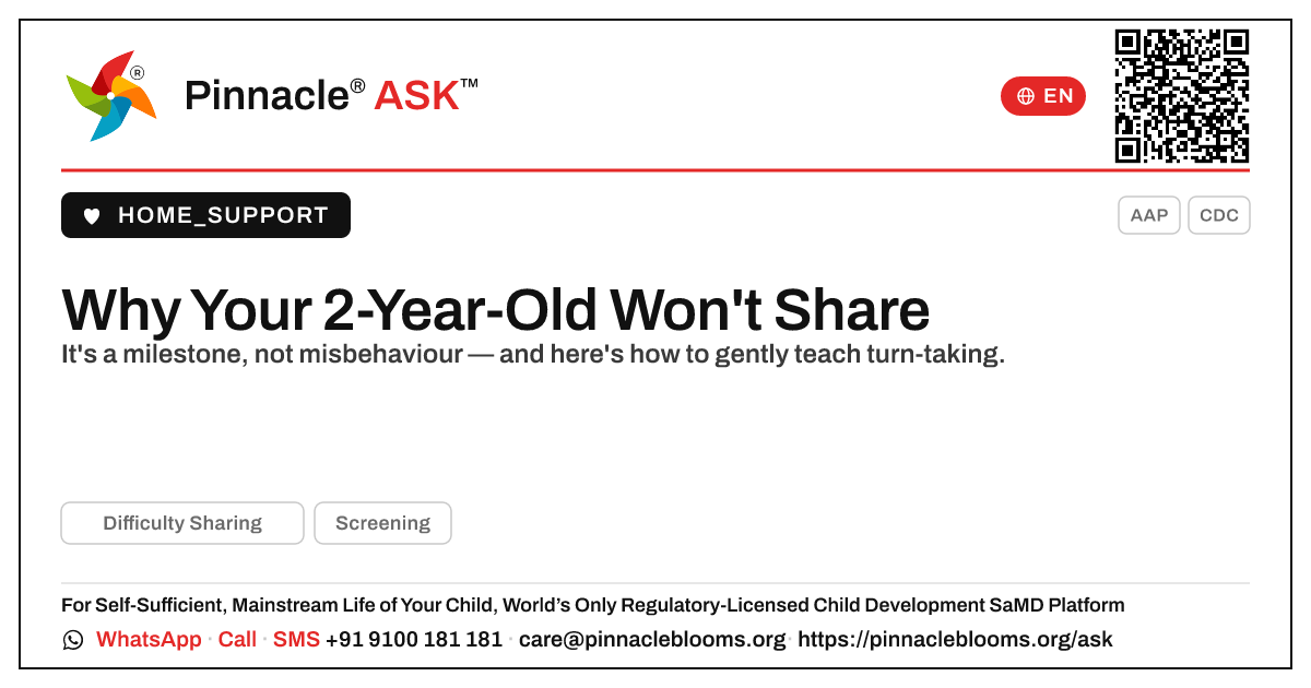 How do I handle difficulty sharing in a 2-year-old? — Pinnacle Ask answer card with a short explanation and QR link