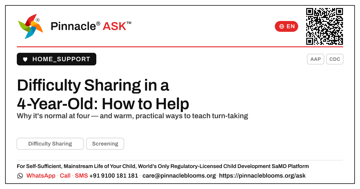 How do I handle difficulty sharing in a 4-year-old? — Pinnacle Ask answer card with a short explanation and QR link