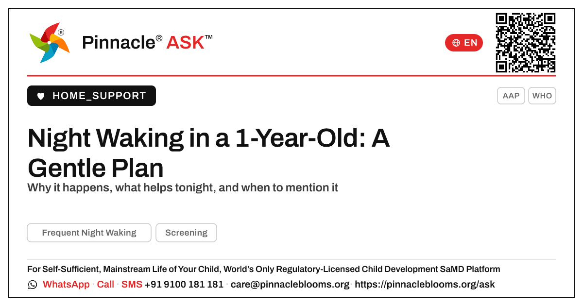 How do I handle frequent night waking in a 1-year-old? — Pinnacle Ask answer card with a short explanation and QR link