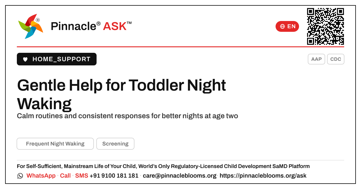How do I handle frequent night waking in a 2-year-old? — Pinnacle Ask answer card with a short explanation and QR link
