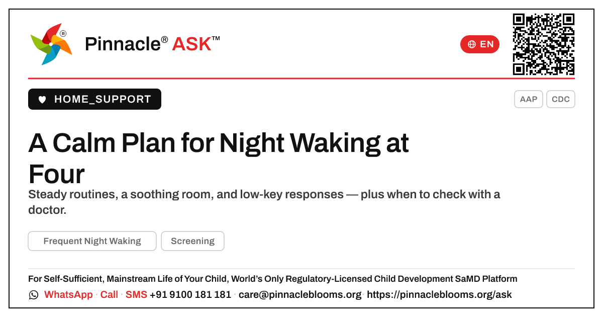 How do I handle frequent night waking in a 4-year-old? — Pinnacle Ask answer card with a short explanation and QR link