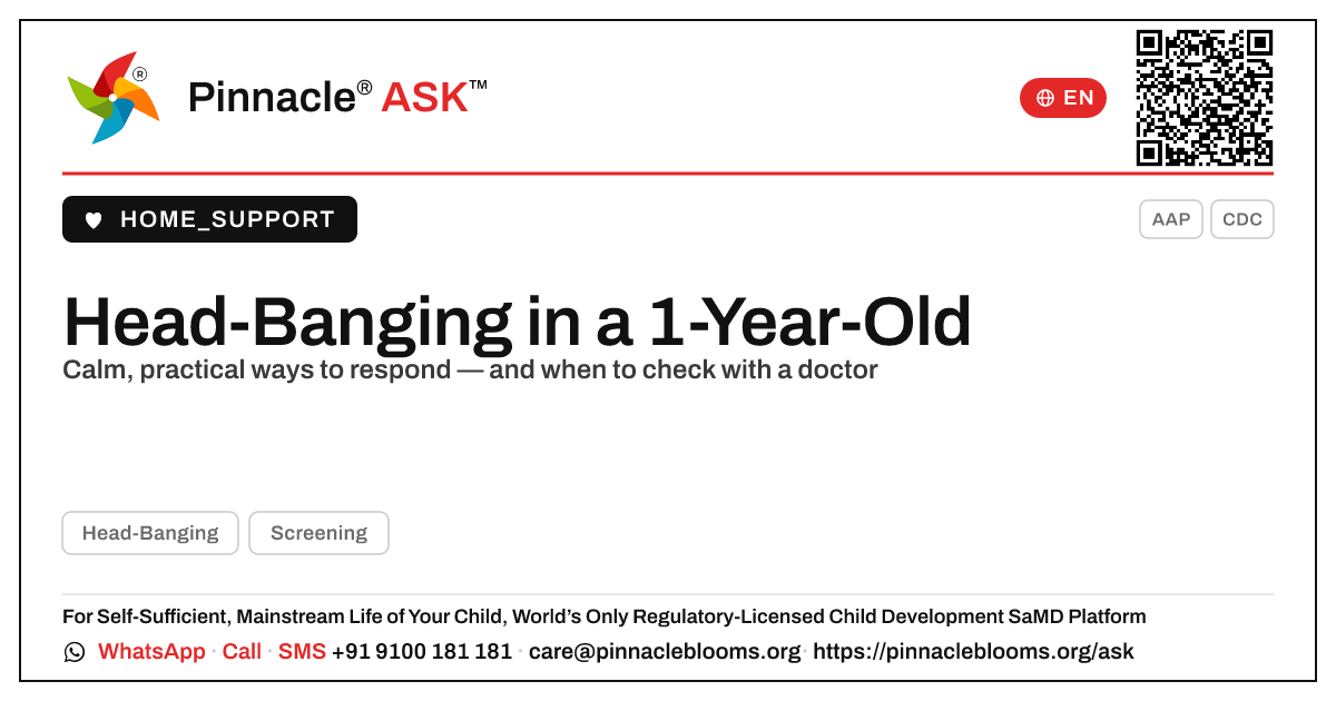 How do I handle head-banging in a 1-year-old? — Pinnacle Ask answer card with a short explanation and QR link