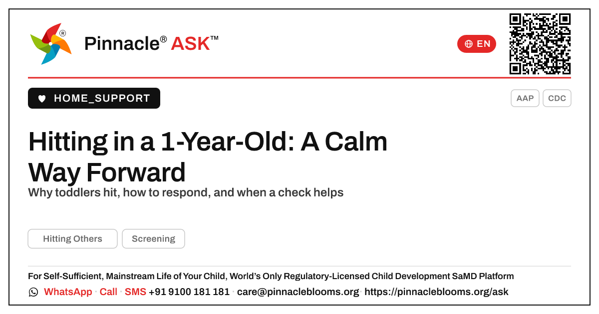 How do I handle hitting others in a 1-year-old? — Pinnacle Ask answer card with a short explanation and QR link