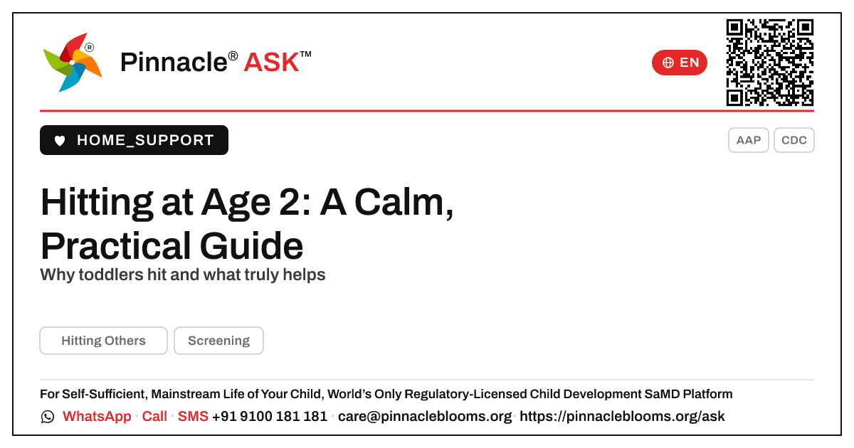 How do I handle hitting others in a 2-year-old? — Pinnacle Ask answer card with a short explanation and QR link