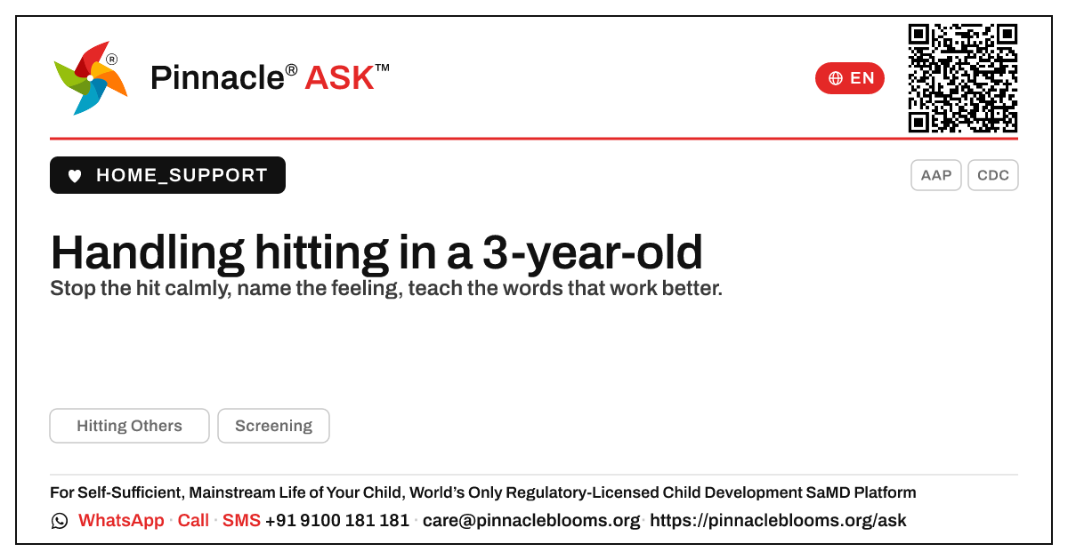 How do I handle hitting others in a 3-year-old? — Pinnacle Ask answer card with a short explanation and QR link