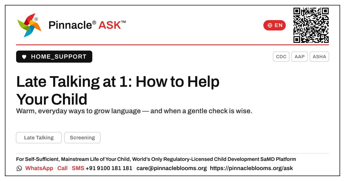How do I handle late talking in a 1-year-old? — Pinnacle Ask answer card with a short explanation and QR link